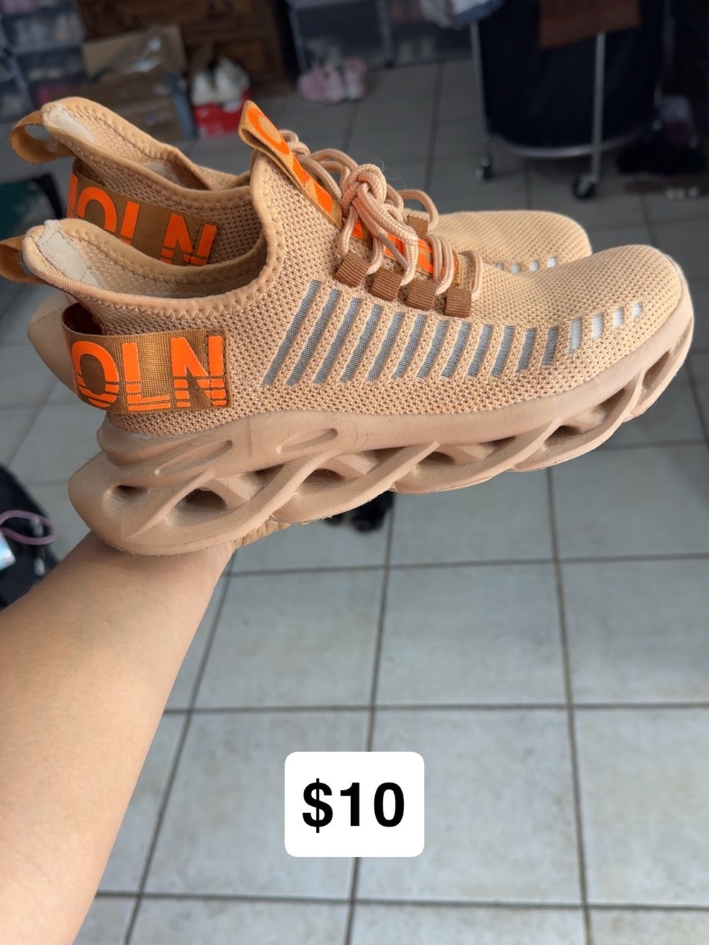 Neutral Tan Knit Athletic Sneakers with Orange Accents